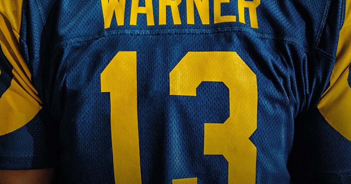 NFL Rams blue and Yellow jersey worn by Kurt Warner (Zachary Levi) as seen  in American Underdog movie